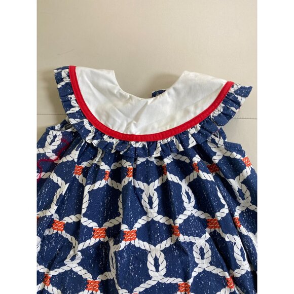 La Za Me Nautical Rope Print Baby Dress size 12 Month Sleeveless White Collar - Picture 8 of 15